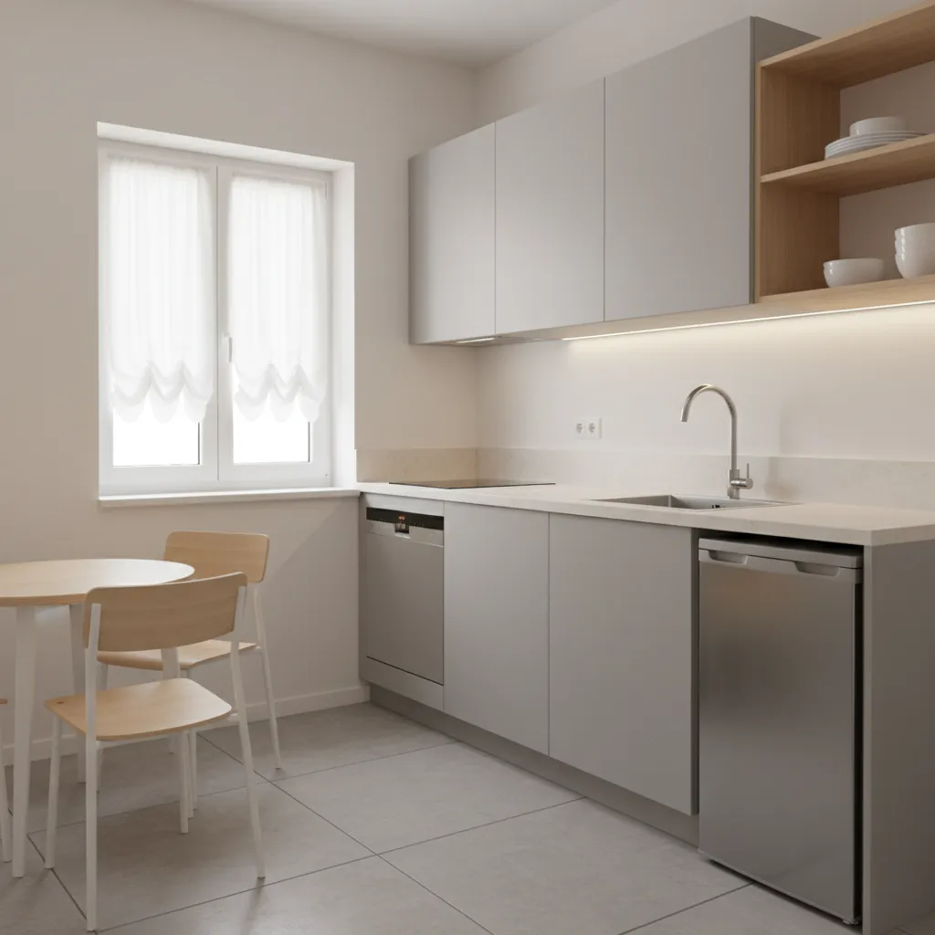 small kitchen window with short linen curtains above sink