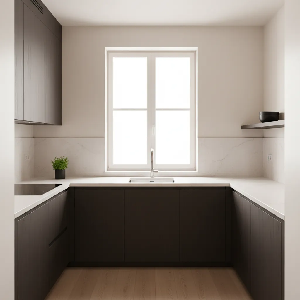 Modern small kitchen with dark brown cabinets white countertops window and light brown wooden floor