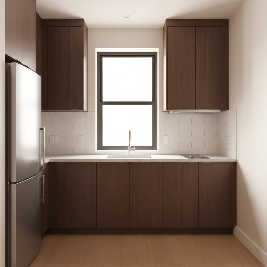 Small kitchen with dark wood cabinets and warm soft white walls
