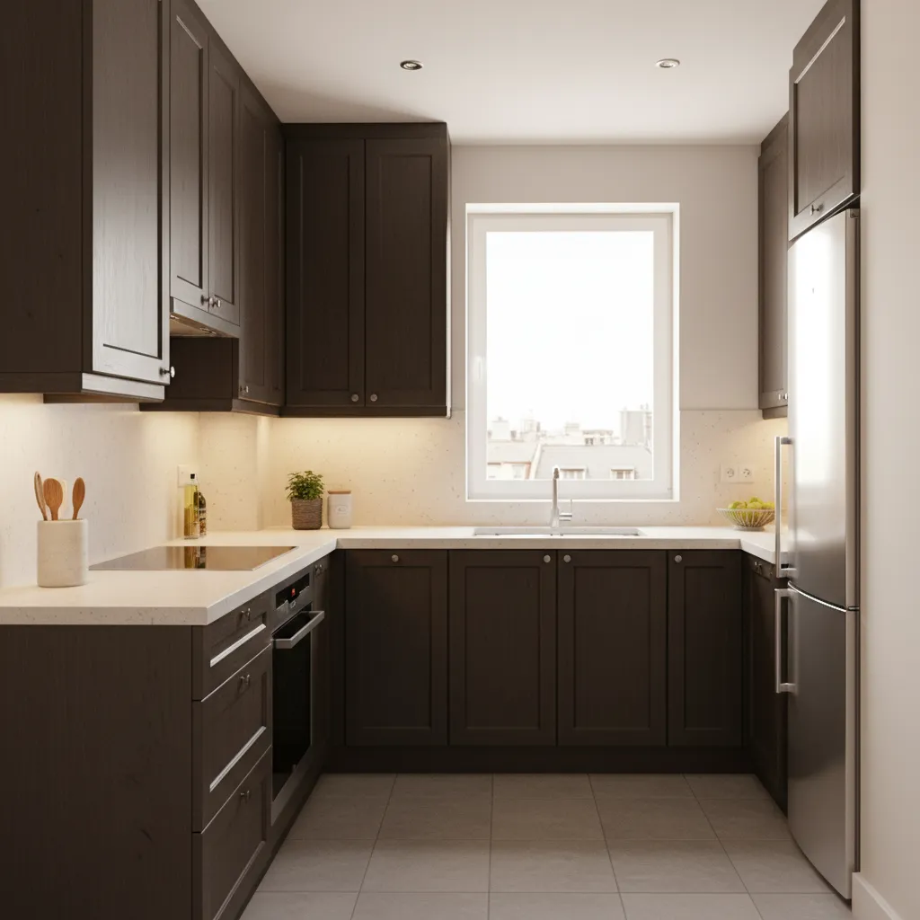 Small kitchen with dark wood cabinets white countertops silver fridge window and warm cabinet lights