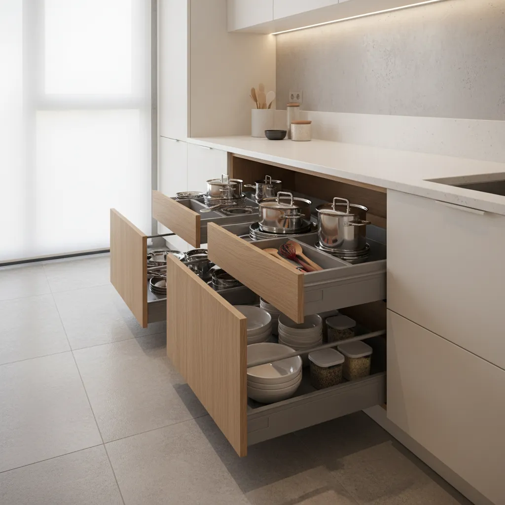 Deep drawer storage solution in modern small kitchen base cabinets