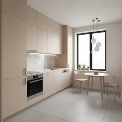 Modern kitchen with light wood cabinets marble backsplash round dining table two chairs hanging lights