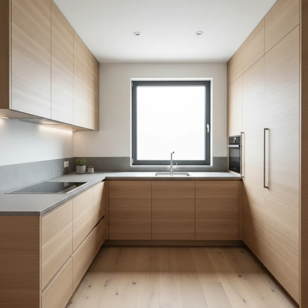 Minimalist kitchen featuring light wood cabinets grey countertops sink below window and light oak wood floors