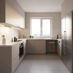 Modern beige kitchen with minimalist cabinets white countertops large window silver fridge oven and stool