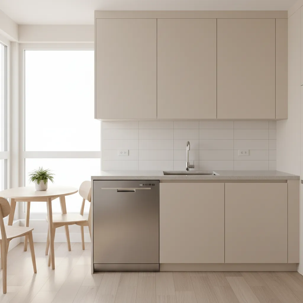 Modern beige kitchen with integrated dishwasher wooden dining table and chairs near a bright window