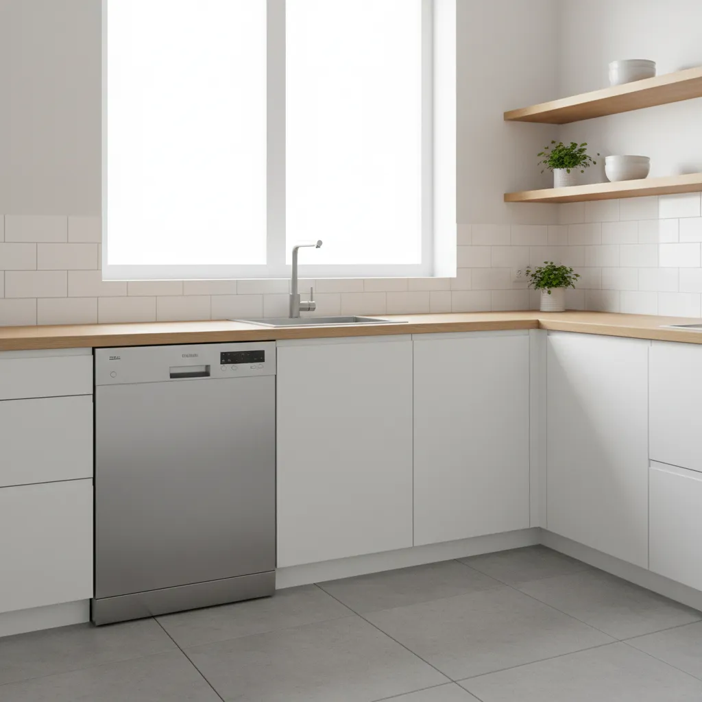 Modern white kitchen with wooden countertop stainless steel sink and silver dishwasher under a large window