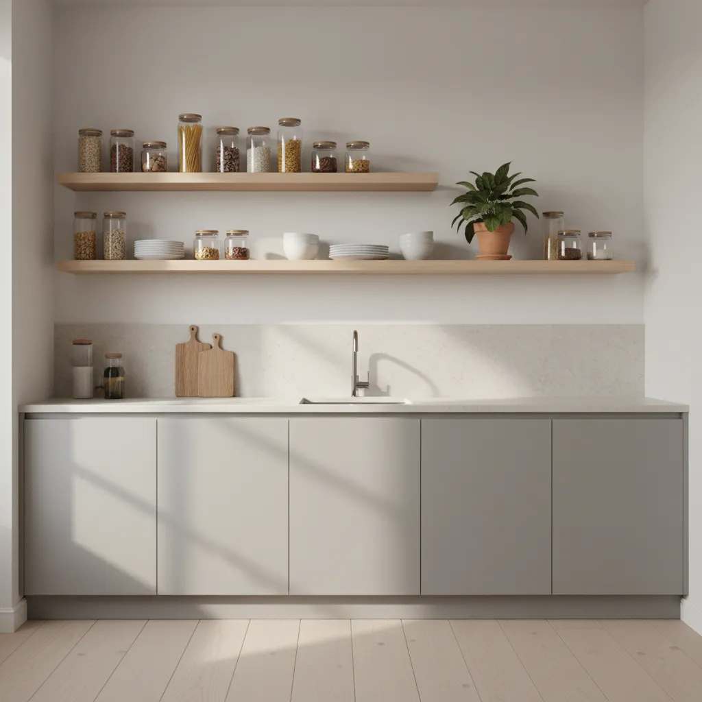 Minimalist kitchen featuring grey cabinets white countertop and two long wooden wall shelves with jars