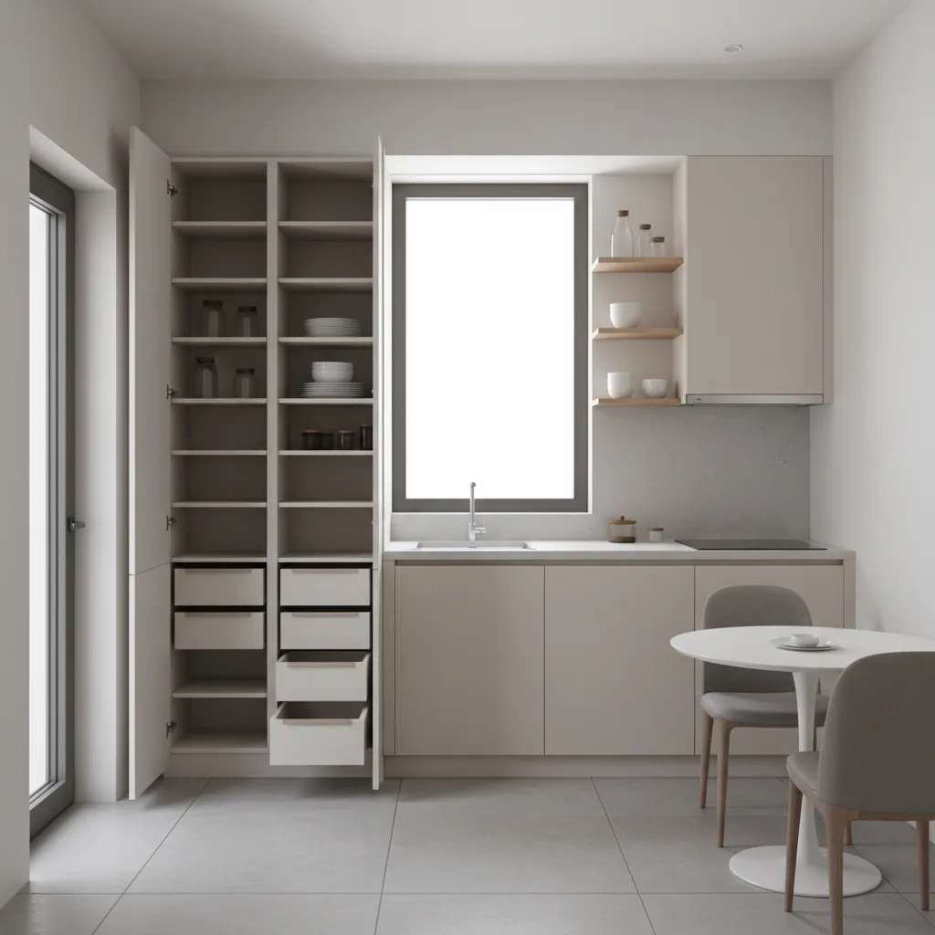 Small kitchen with storage cabinets integrated beside exterior door
