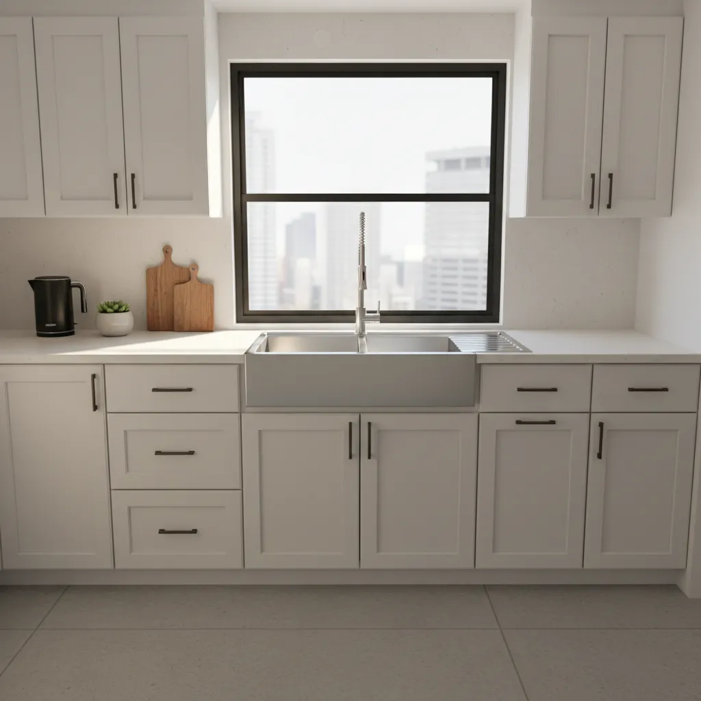 Small kitchen countertop with double bowl sink and drainboard integrated into compact layout