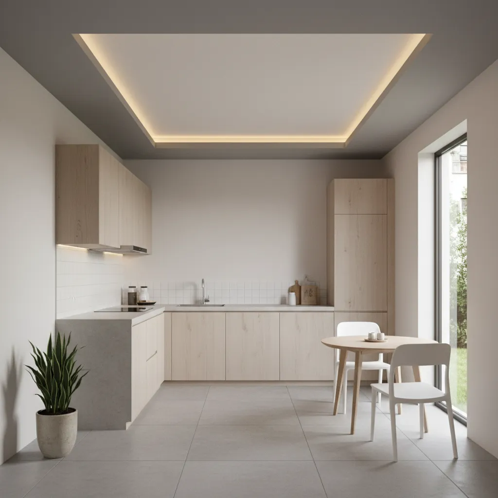small kitchen using light center ceiling with darker boxing frame