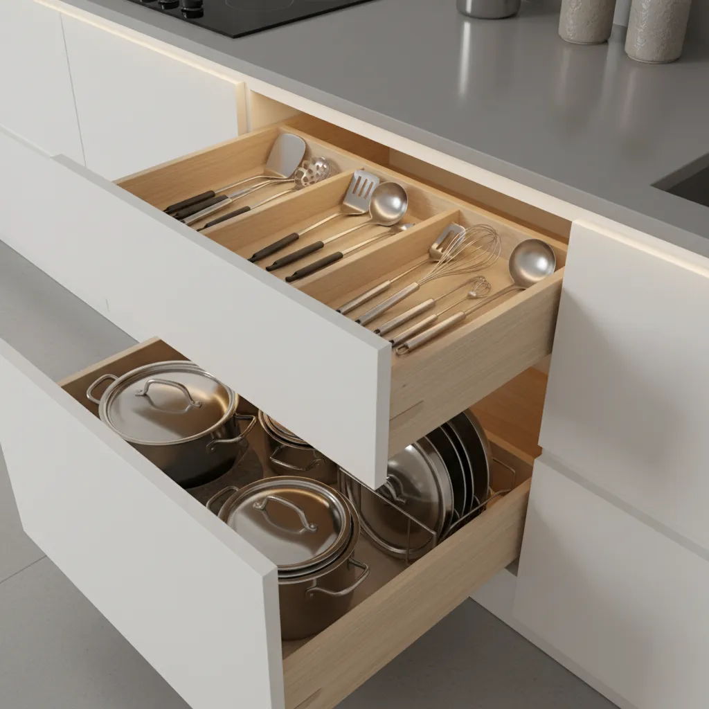 Deep drawer cabinets storing pots pans and utensils in a small kitchen