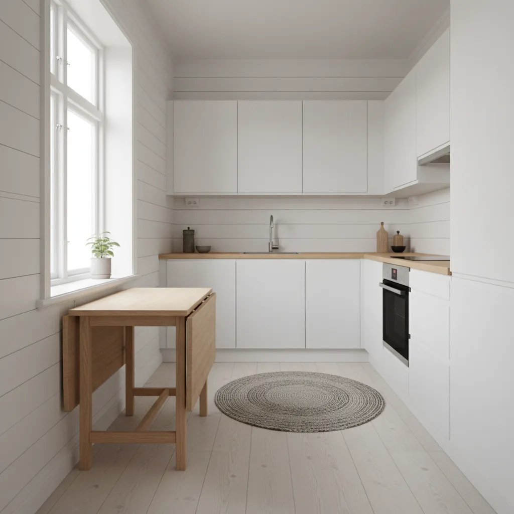 compact kitchen with drop leaf table folded against wall
