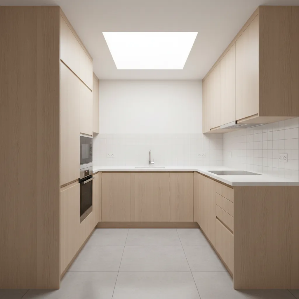 Compact kitchen using edge pull cabinets to maintain clean lines