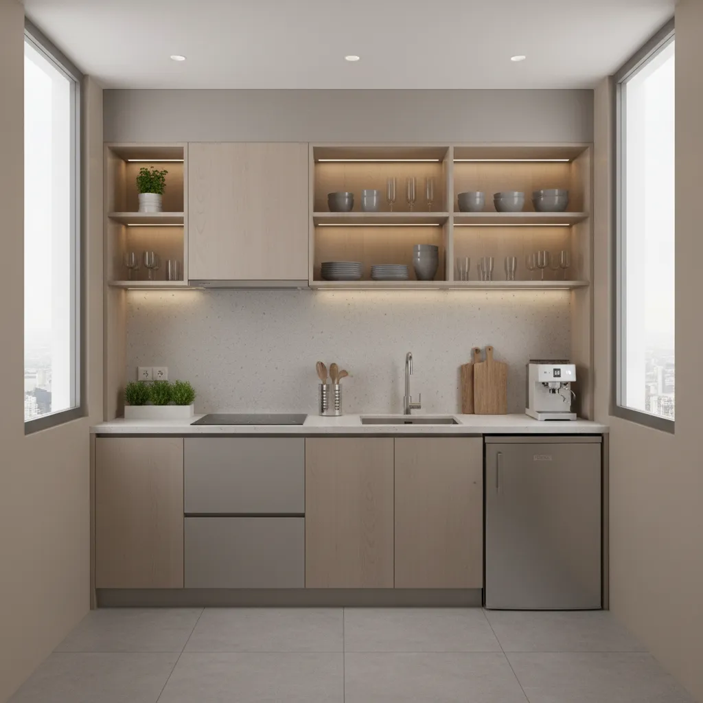 Compact kitchen with vertical storage and efficient soup cooking layout