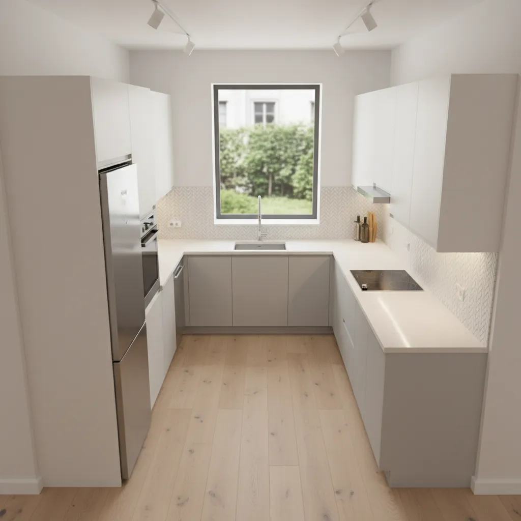 Modern U-shaped kitchen featuring white cabinets, wood floors, a large window, and stainless steel appliances