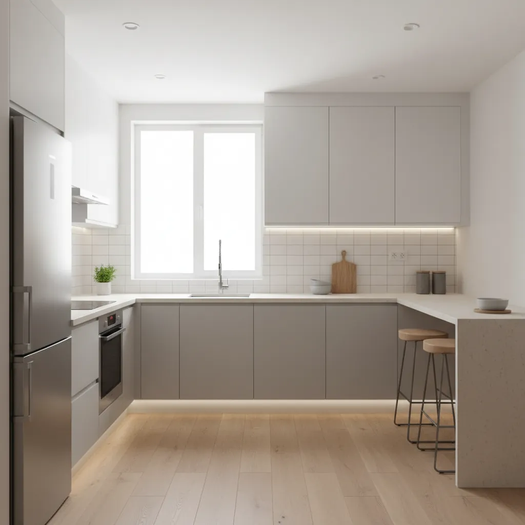 compact apartment kitchen with efficient layout and continuous countertop
