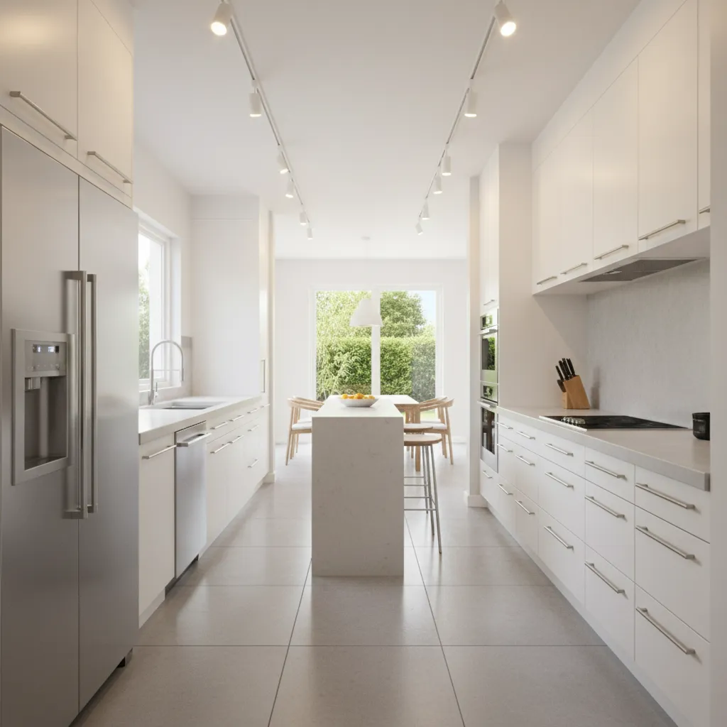 Efficient galley layout in a small kitchen