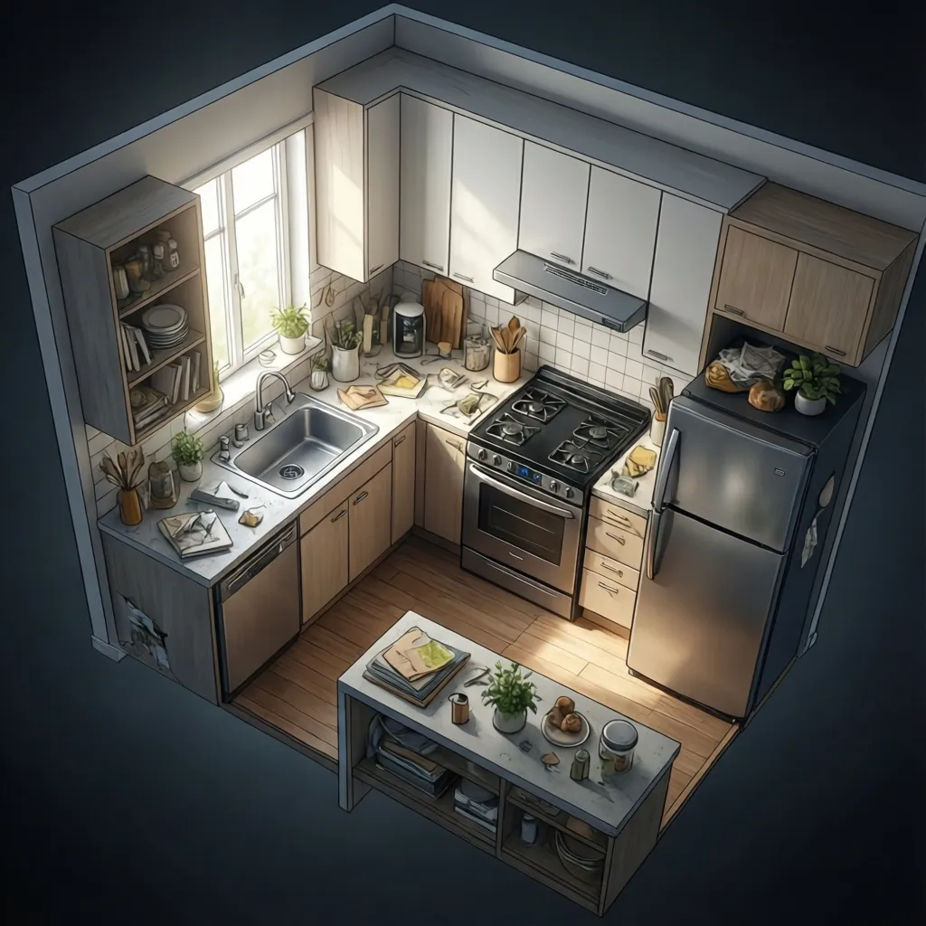 Efficient small kitchen layout with sink stove and fridge forming work triangle