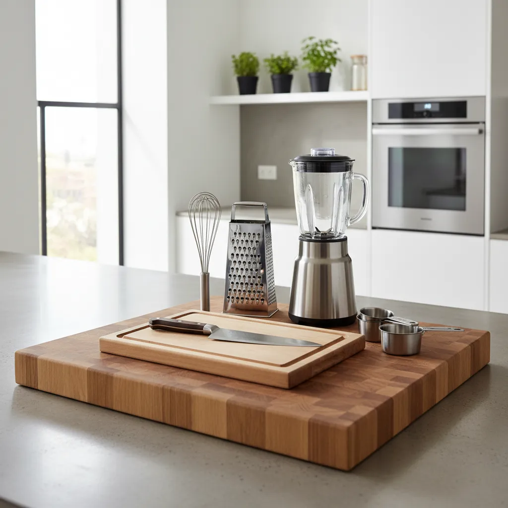 Large wooden cutting board with knife blender whisk and grater on a grey kitchen counter