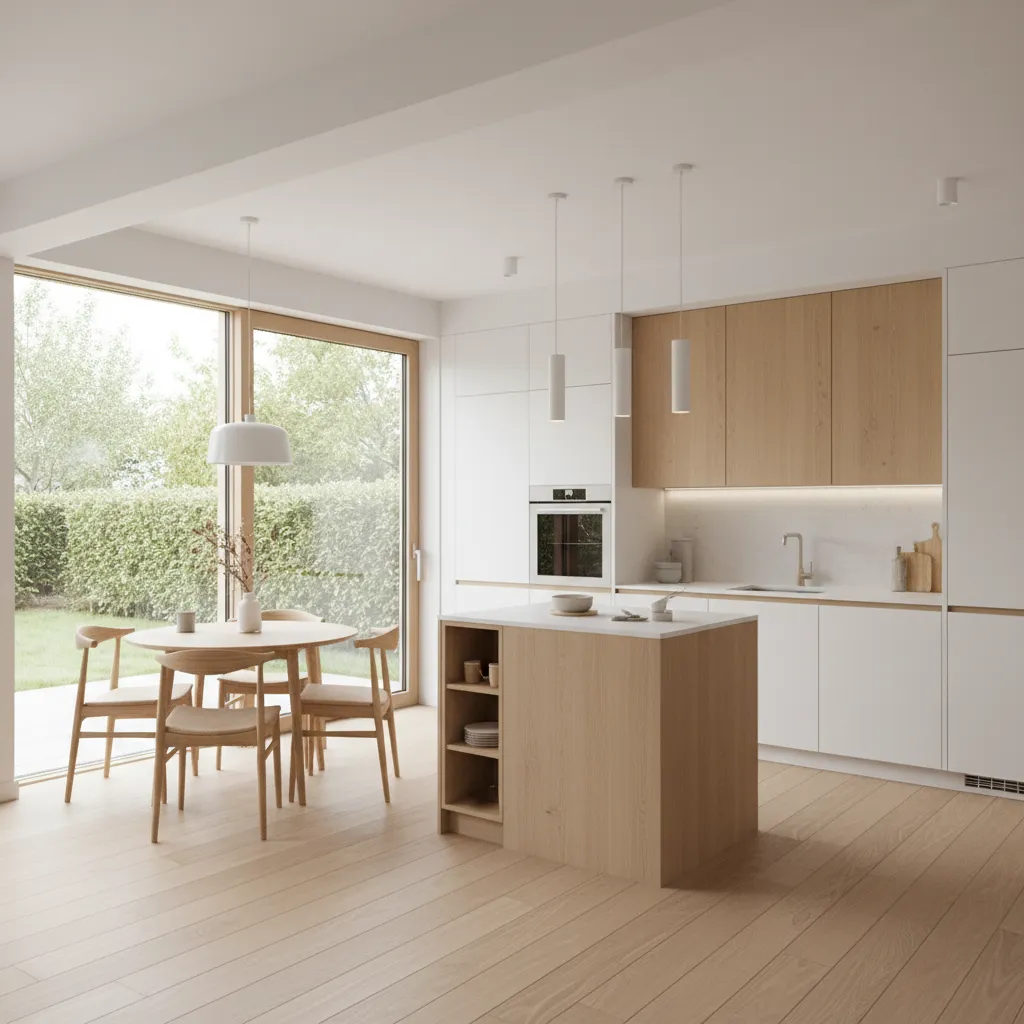 Small kitchen extension opening into a brighter cooking and dining space