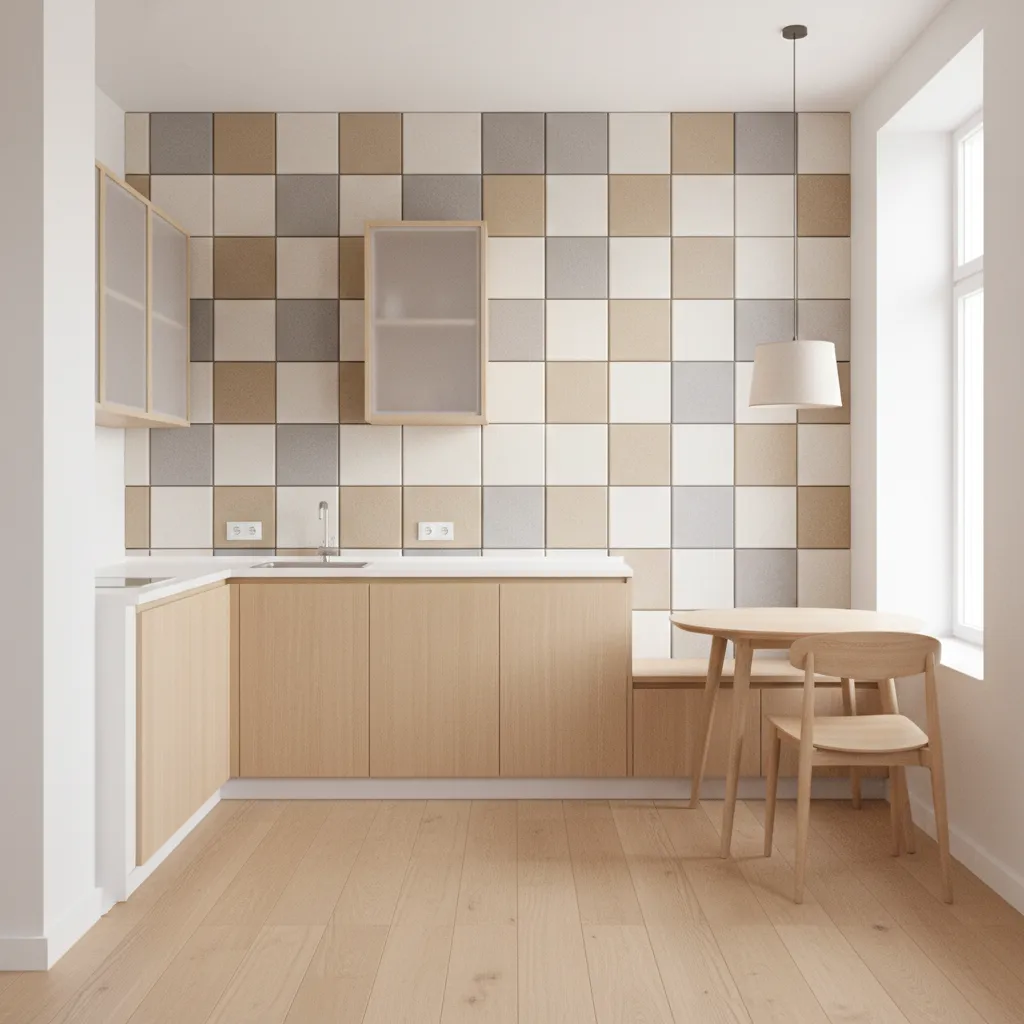 Compact kitchen with soft felt tile accent wall above dining corner
