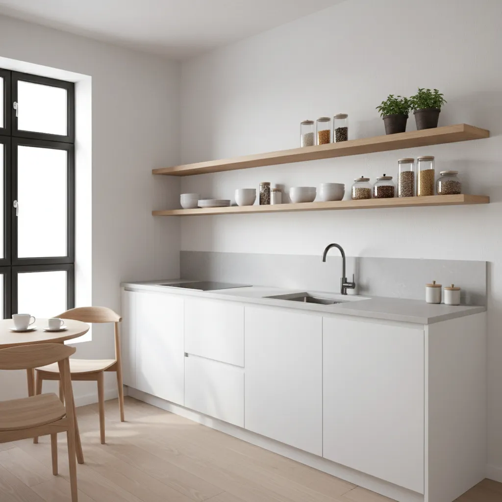Small kitchen with floating shelves on empty wall