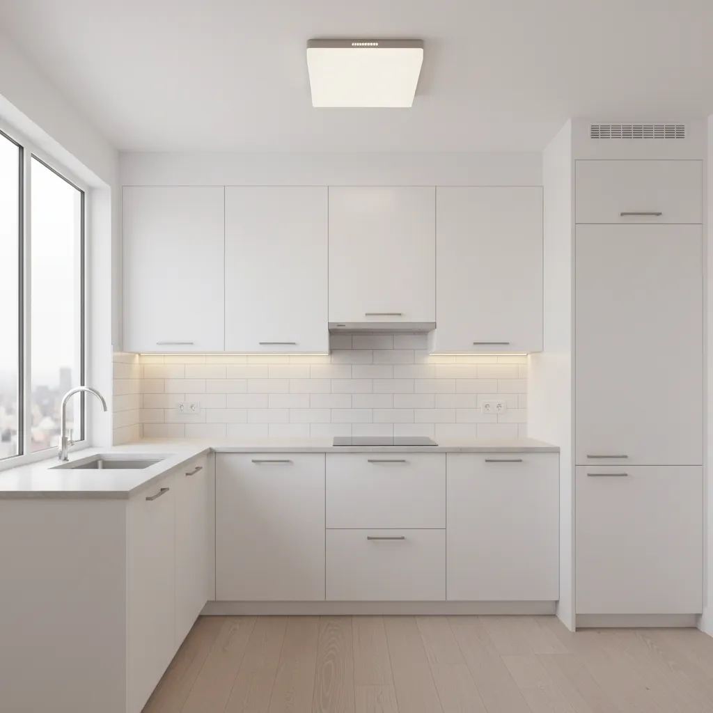 small kitchen with flush mount ceiling light and bright cabinets