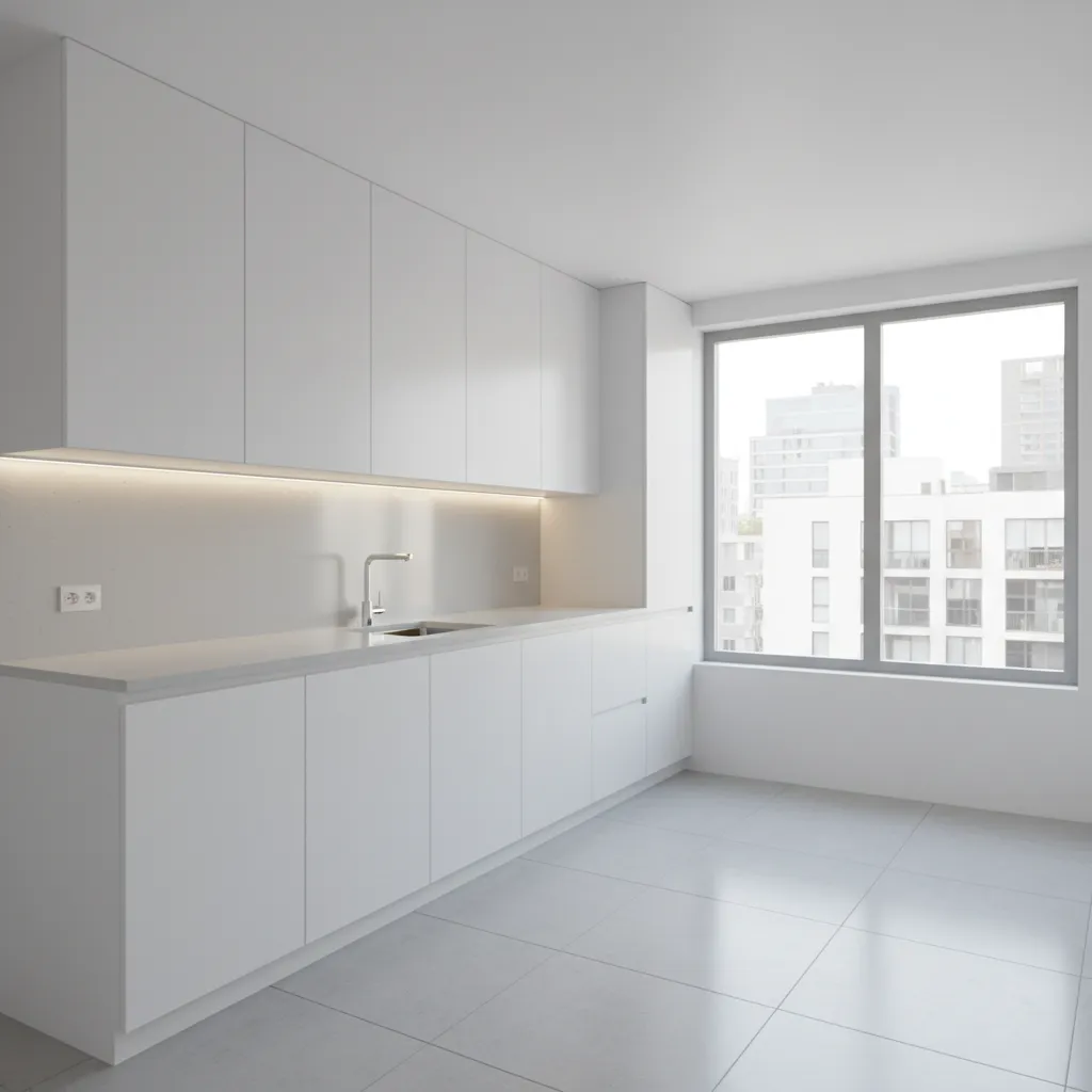 Small kitchen with ceiling height cabinets maximizing vertical storage