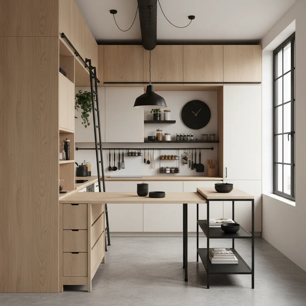 Modern kitchen with wood cabinets black ceiling light wall clock ladder and large bright window
