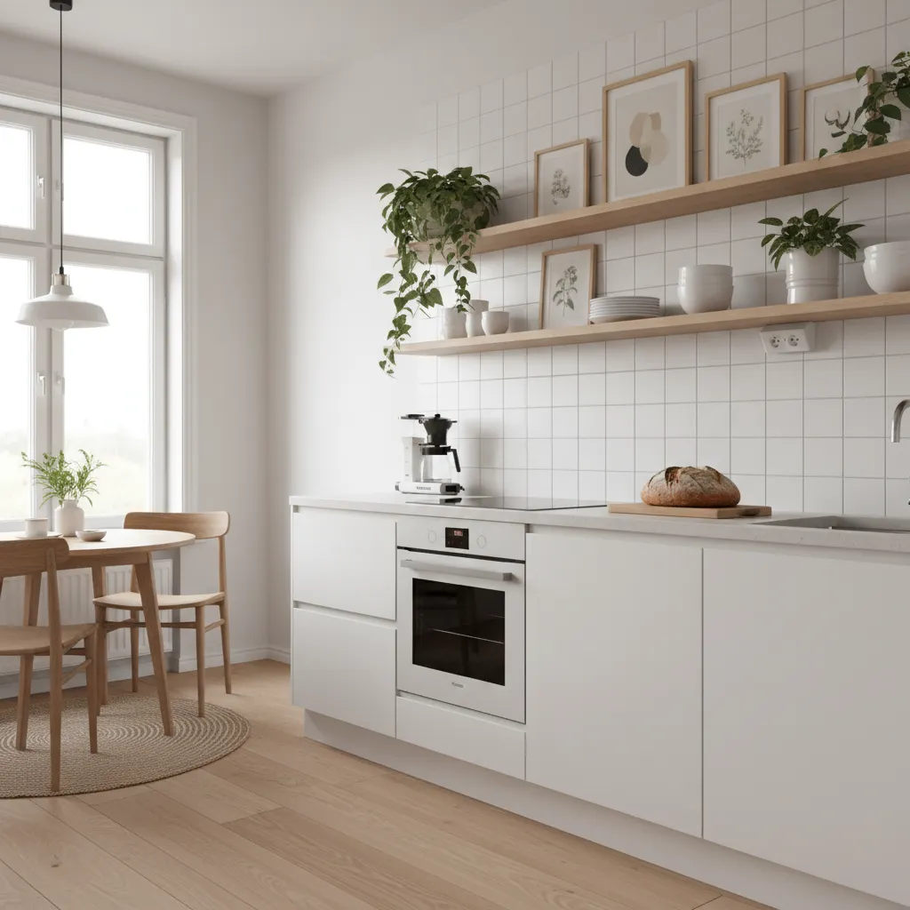 small kitchen with floating shelves and framed prints forming a gallery wall