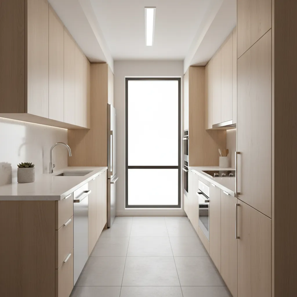 Galley kitchen layout with modern cabinets on both sides