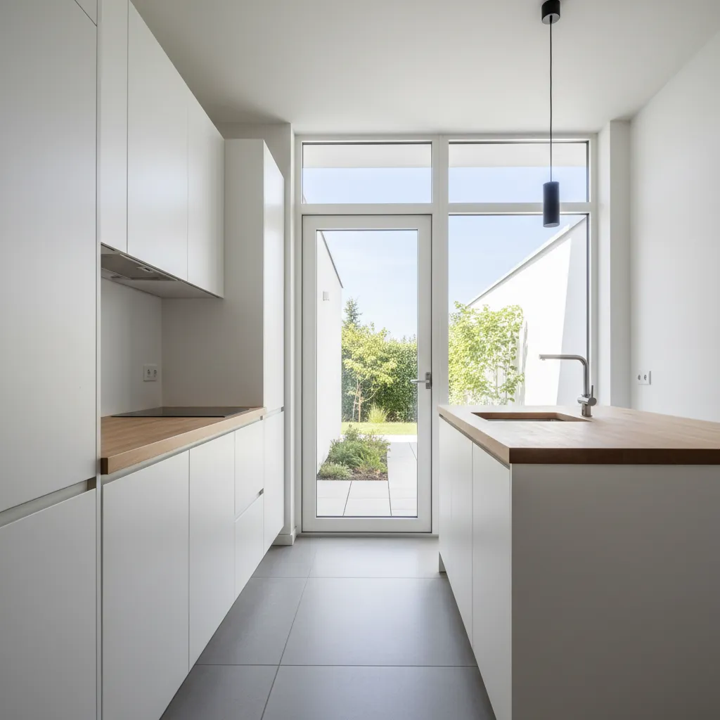 Small kitchen with glass back door bringing natural light into compact cooking space