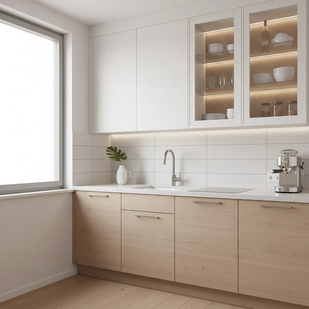 Compact kitchen with a mix of solid and glass upper cabinets