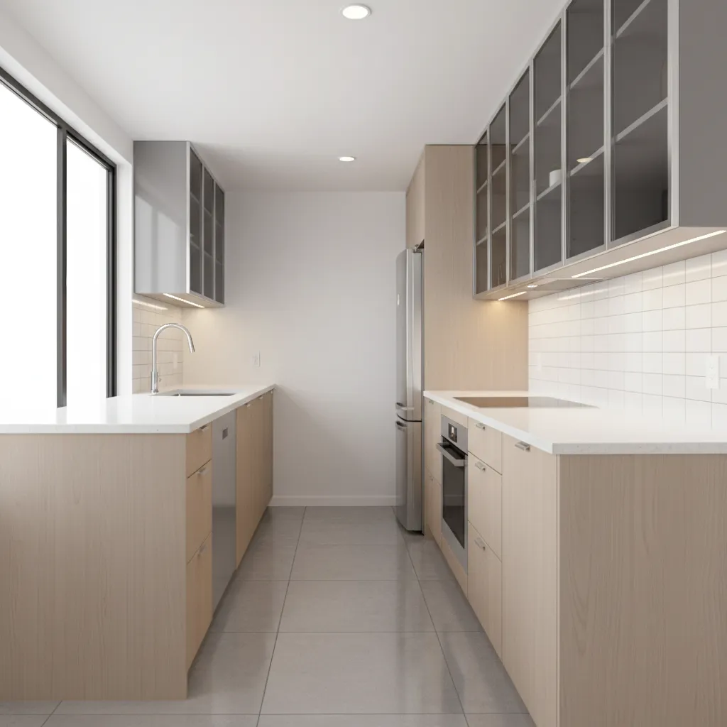 Small kitchen made brighter using glass wall cabinets