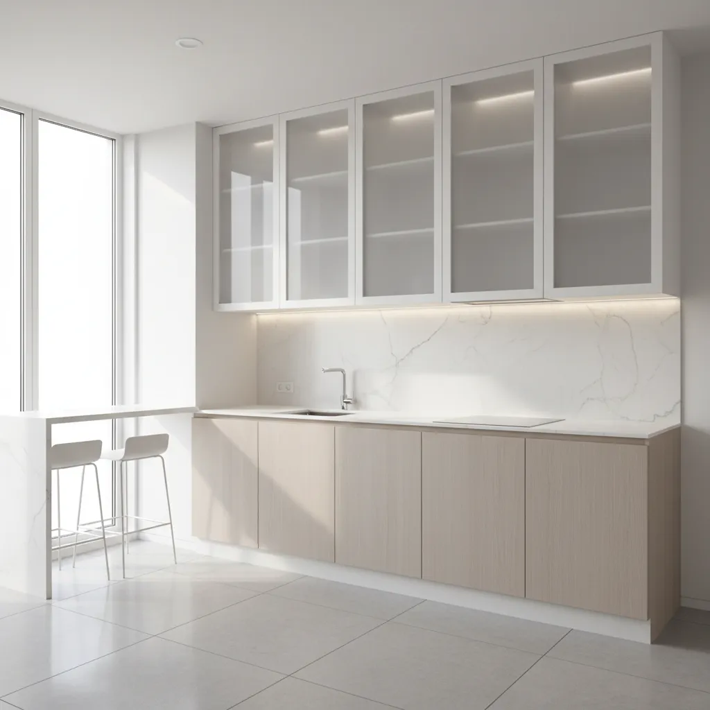 Small kitchen with white glass wall cabinets reflecting light to make space appear larger