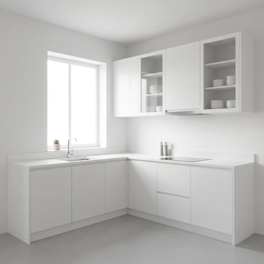 Small kitchen using wall mounted glass door cabinets to create openness