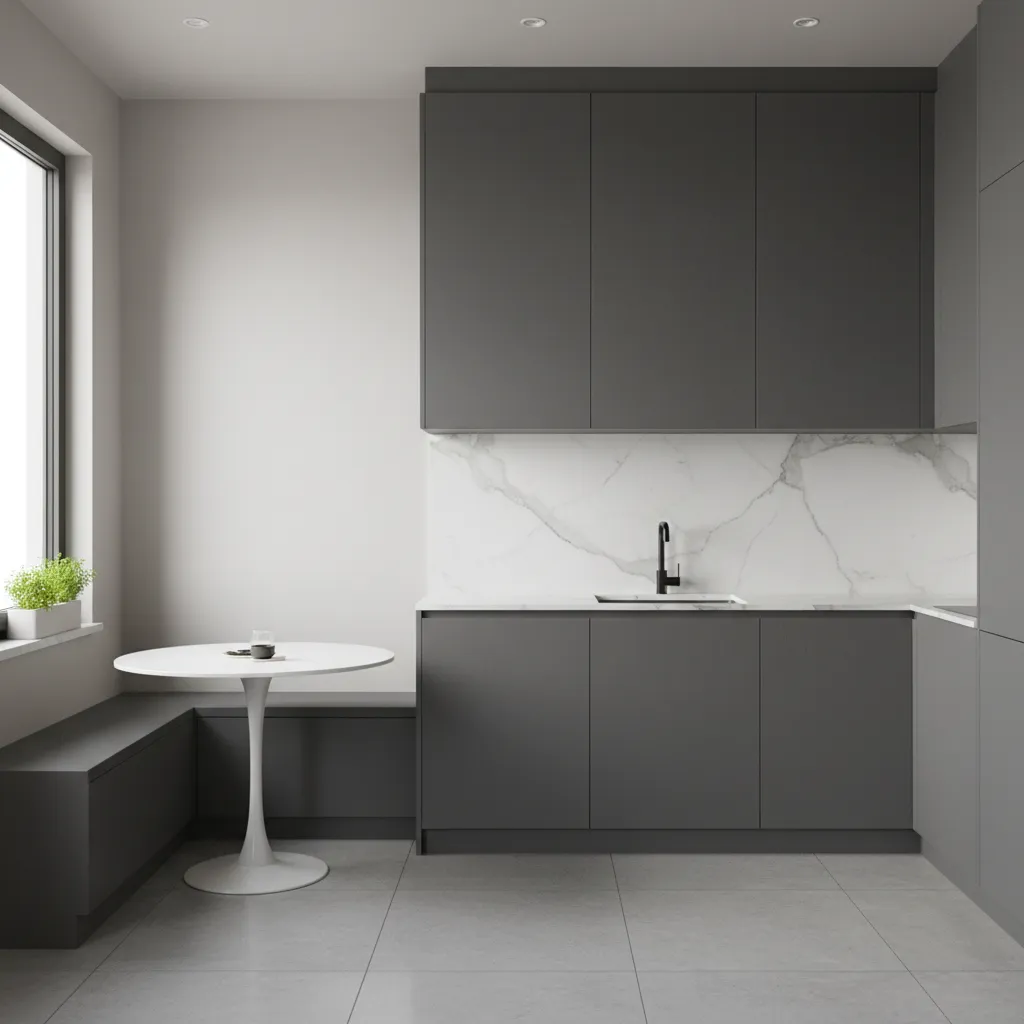 Minimalist kitchen with dark grey cabinets, white marble wall, and small round white dining table