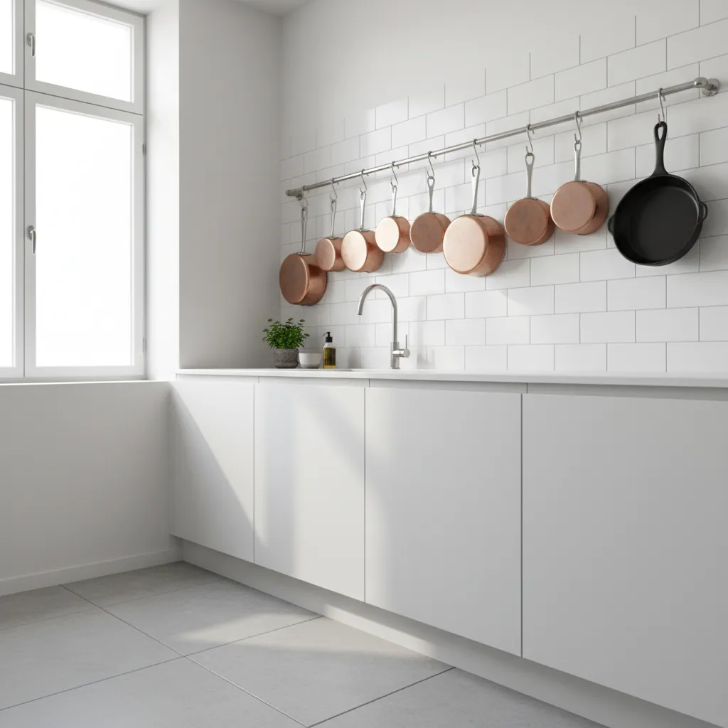 Compact kitchen wall with rail system holding hanging pots and pans