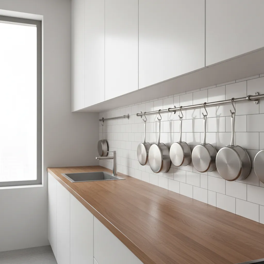 Small kitchen with wall rail and hanging stainless steel pots above counter
