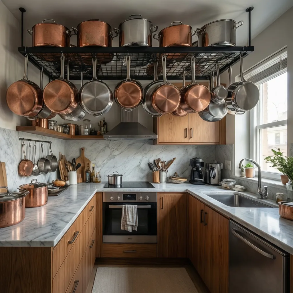 Hanging Pot Rack Ideas for Small Kitchens That Actually Save Space: Smart hanging pot rack designs that free up cabinets, improve kitchen workflow, and make small kitchens feel larger.