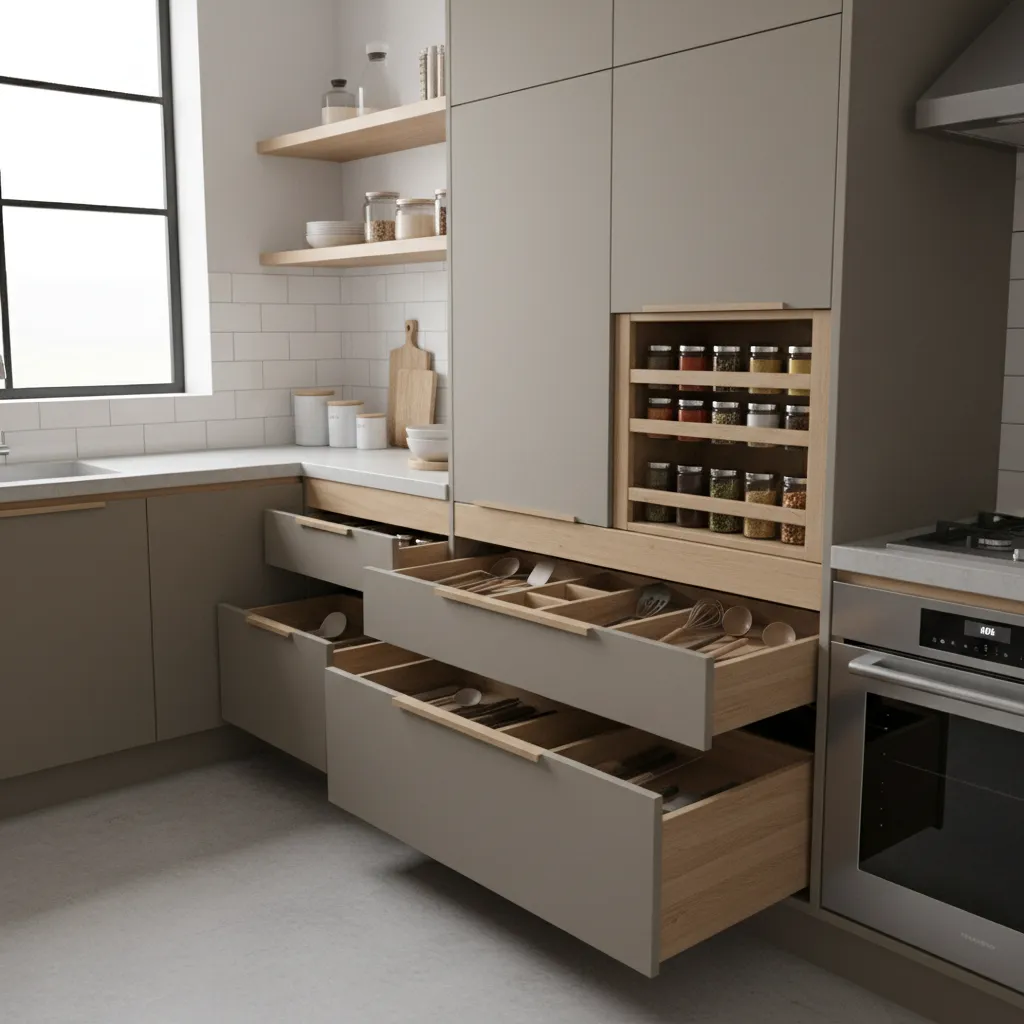 Compact kitchen showing pull out drawers and hidden storage solutions
