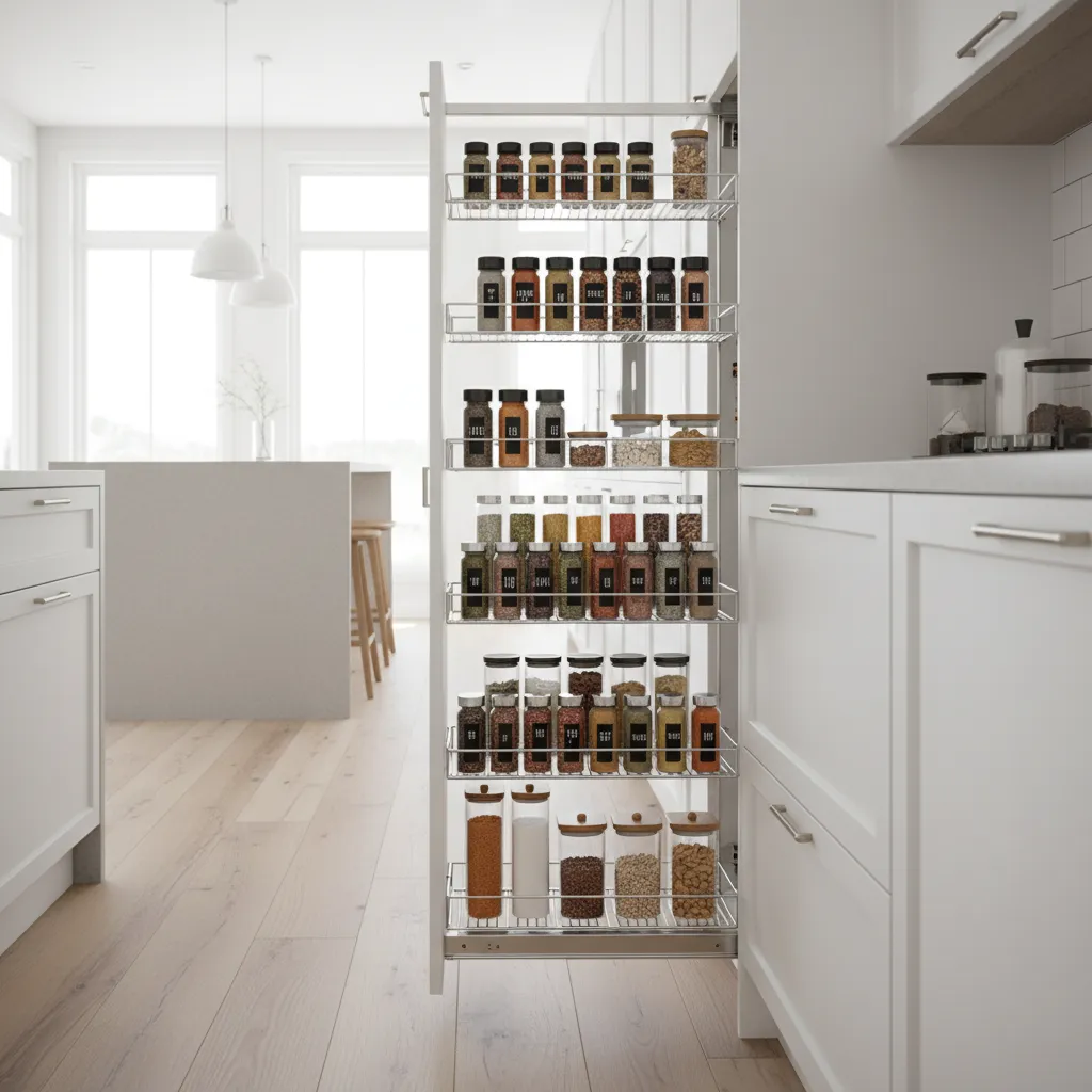 pull out storage cabinet and smart organizers in a small kitchen