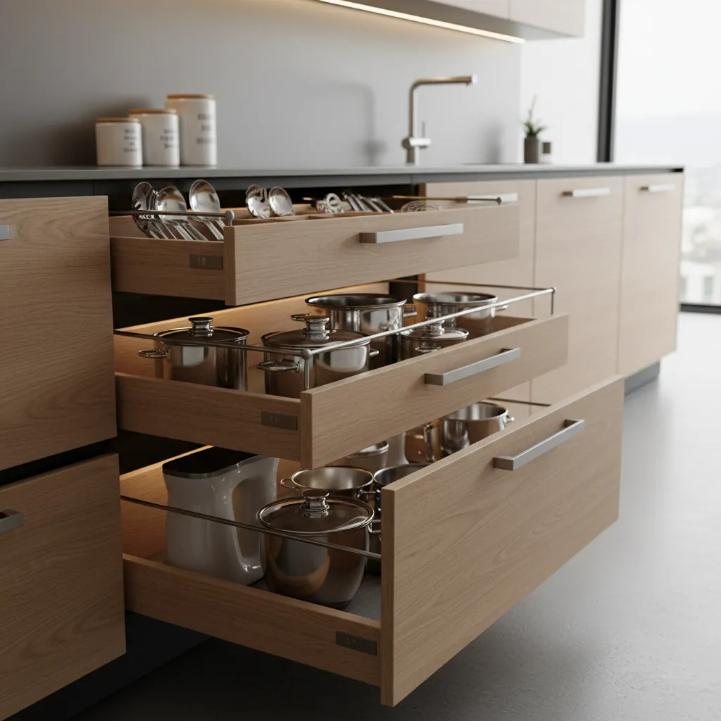 Modern kitchen drawer organizers and hidden storage solutions