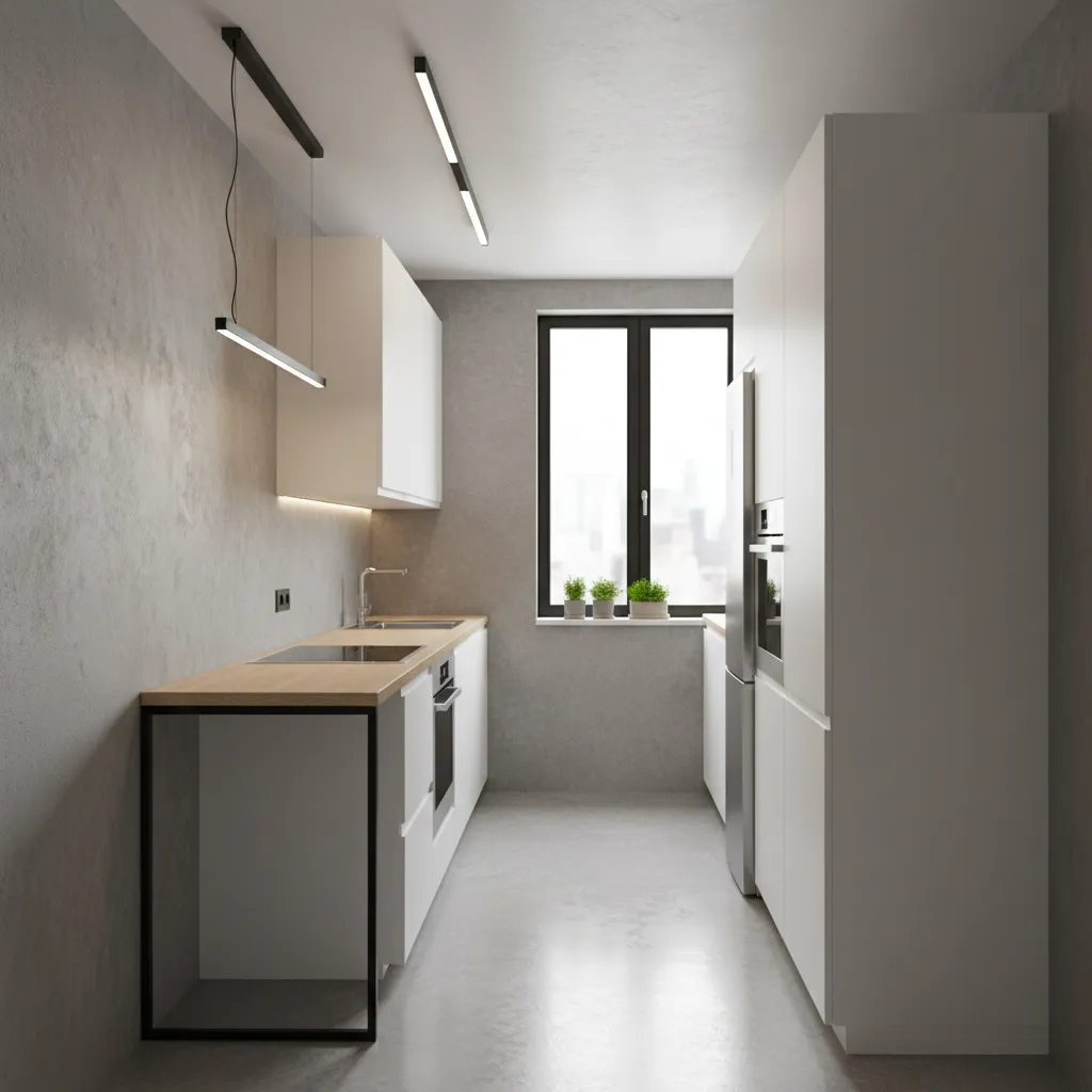 small kitchen with narrow island and compact clearance space