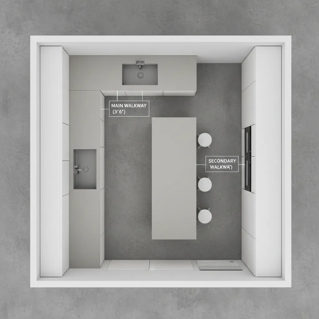 small kitchen island clearance and walkway spacing layout