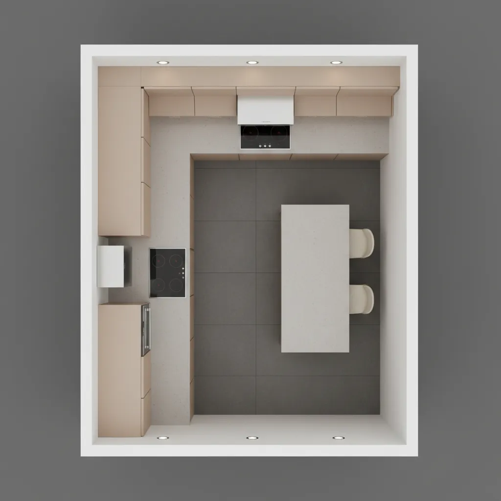 Kitchen layout showing island clearance space in a small one wall kitchen