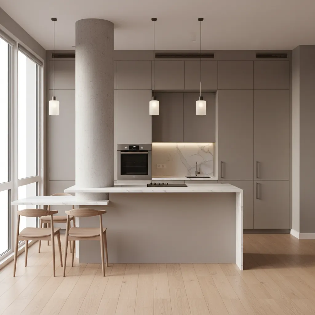 Compact kitchen island built around a structural column in a small apartment kitchen