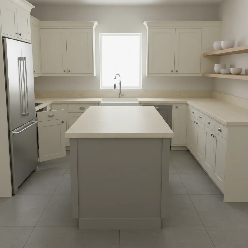 example of oversized island crowding a small kitchen layout