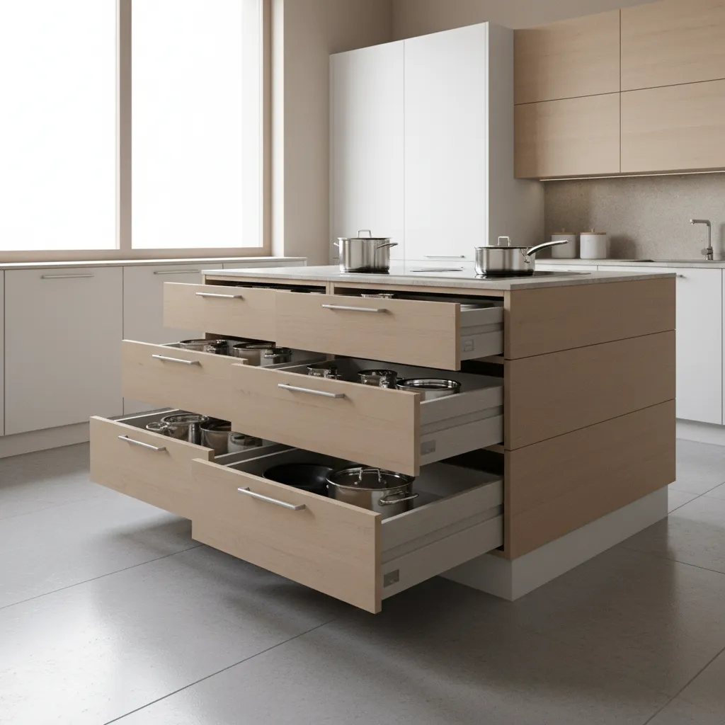 Compact kitchen island with stacked drawers maximizing storage space