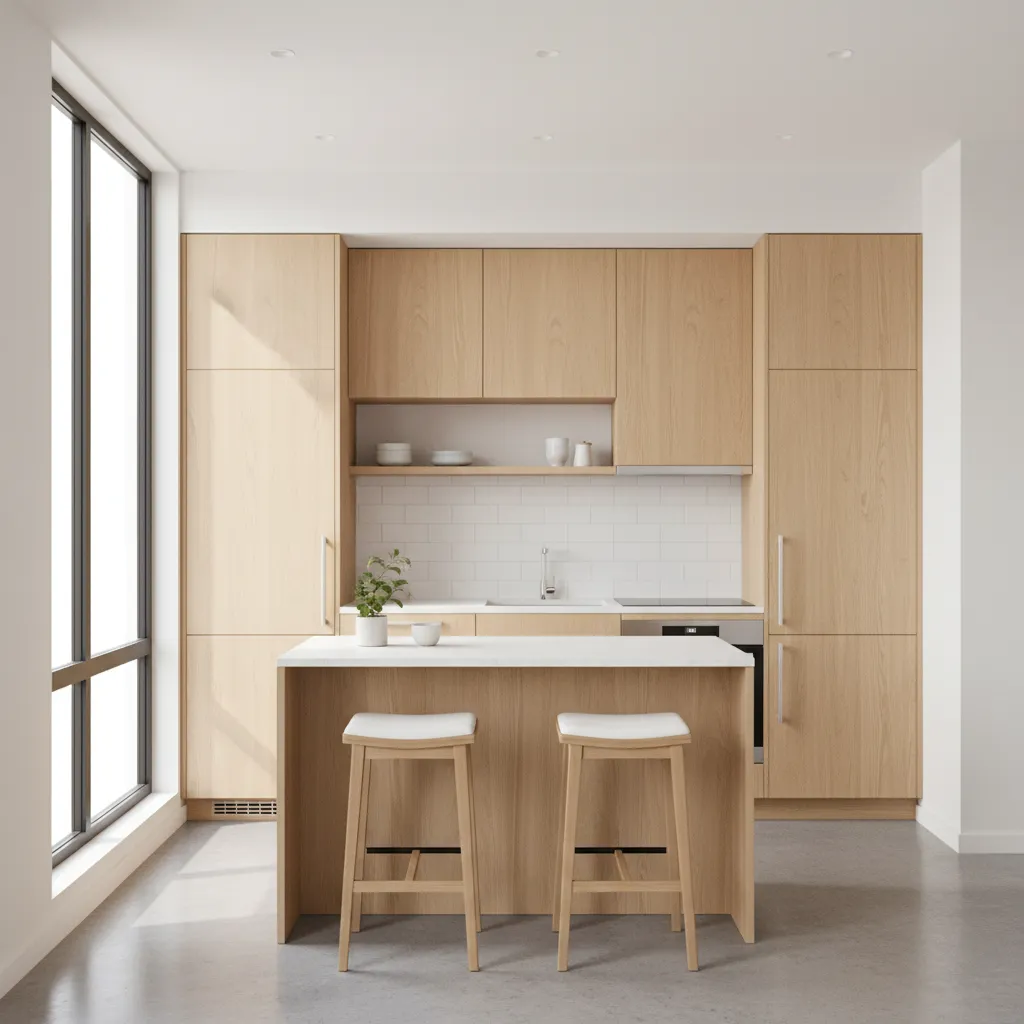 Compact kitchen with narrow island optimized for small space